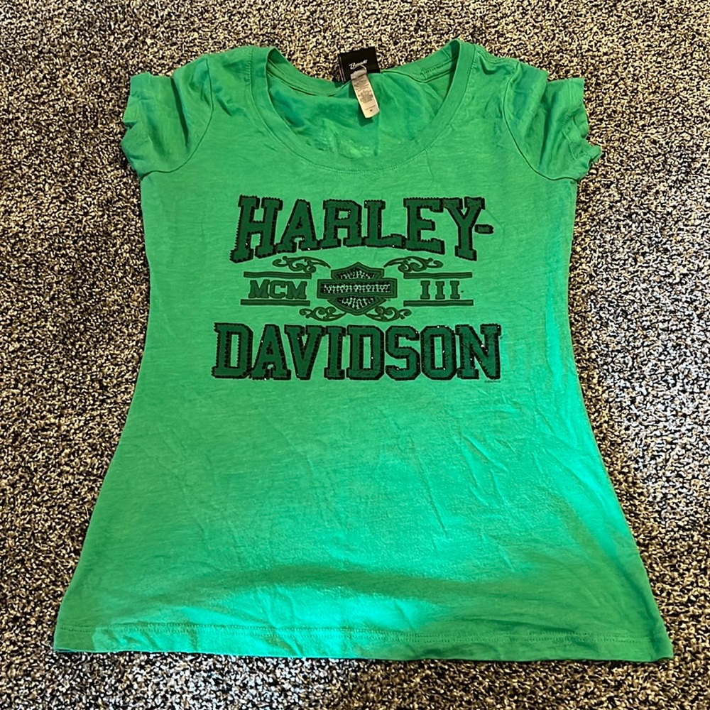 Harley Davidson Green with black rhinestones short sleeve tee